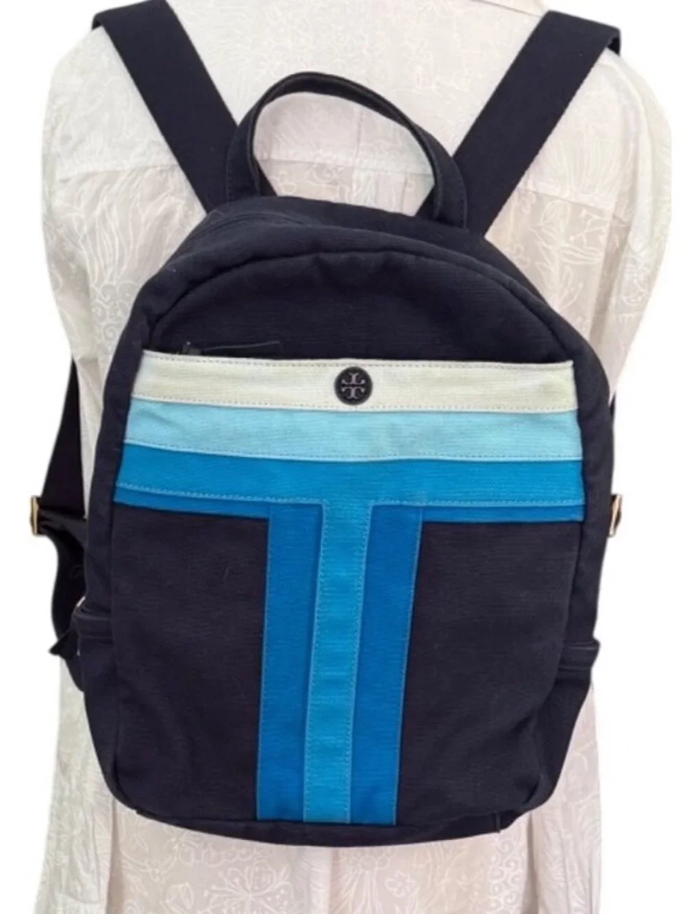Tory Burch Mini Backpack With Blue Stripe Design & Adjustable Straps